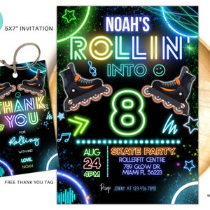 May include: Neon green and blue birthday invitation for an 8th birthday party with a roller skating theme. The invitation says "Noah's Rollin' Into 8 Skate Party" with a date and time of August 24th at 4pm. The invitation also includes the location of the party, Rollerfit Centre, 789 Glow Dr., Miami FL 56223. The invitation has a neon green and blue color scheme with a black background. There are also images of roller skates and stars on the invitation.