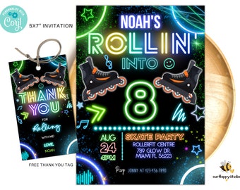 Editable Roller Skating Invitation Glow Party Birthday Invitation, Boy Glow Gender Neutral Invites, Glow Roller Skating Party, Neon Party