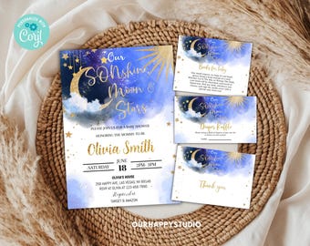 May include: A baby shower invitation suite with a celestial theme. The main invitation features the text "Our Sunshine Moon & Stars" with gold accents. Additional cards include "Books for baby," "Diaper Raffle," and "Thank you" cards. The suite is set on a woven background.