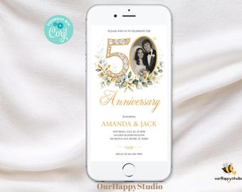 Editable 50th Anniversary Electronic invitation template, Greenery, Eucalyptus Wedding Anniversary invitation with photo (Digital download)