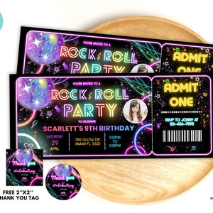Bearbeitbare Rock & Roll Party-Geburtstags-Einladung Karte mit Foto, Disco einladen, Tanz-Party-Vorlage, Neon-Party entfernter Download