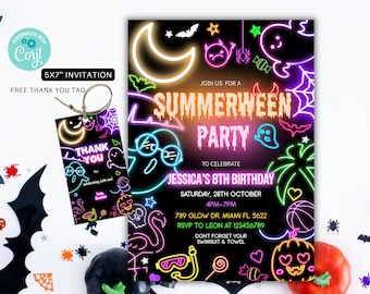 Puede incluir: Una invitación de color neón para una fiesta de Summerween para celebrar el octavo cumpleaños de Jessica. La invitación presenta un fondo negro con fantasmas, murciélagos, calabazas y otras imágenes de temática de Halloween de color neón. El texto de la invitación dice: "Únete a nosotros para una fiesta de Summerween para celebrar el octavo cumpleaños de Jessica." La invitación también incluye la fecha, la hora y la ubicación de la fiesta.