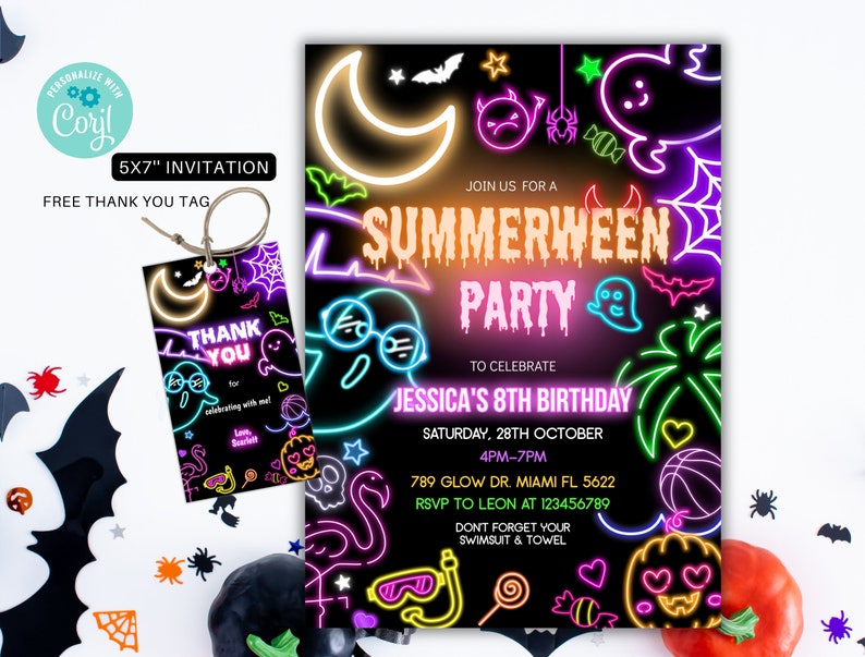 May include: A neon-colored invitation for a Summerween party to celebrate Jessica's 8th birthday. The invitation features a black background with neon-colored ghosts, bats, pumpkins, and other Halloween-themed imagery. The text on the invitation reads "Join us for a Summerween Party to celebrate Jessica's 8th Birthday." The invitation also includes the date, time, and location of the party.