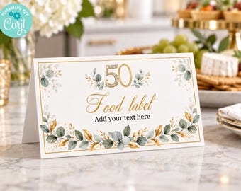 Editable 50th wedding anniversary Food Labels, golden anniversary Place Cards (Digital Download)