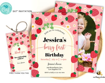 Editable Berry First Birthday Invite template, Strawberry 1st Birthday Invitation, Berry party invite, fruit girl birthday invitation SB05