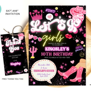Editable Let&#39;s go girls birthday party invitation, Pink Cowgirl birthday invite template disco party invitation glow invite instant download