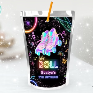 Editable Roller Skating Juice pouch labels Glow Party capri sun label Glow Gender Neutral Roller Skating Party juice cup label R03