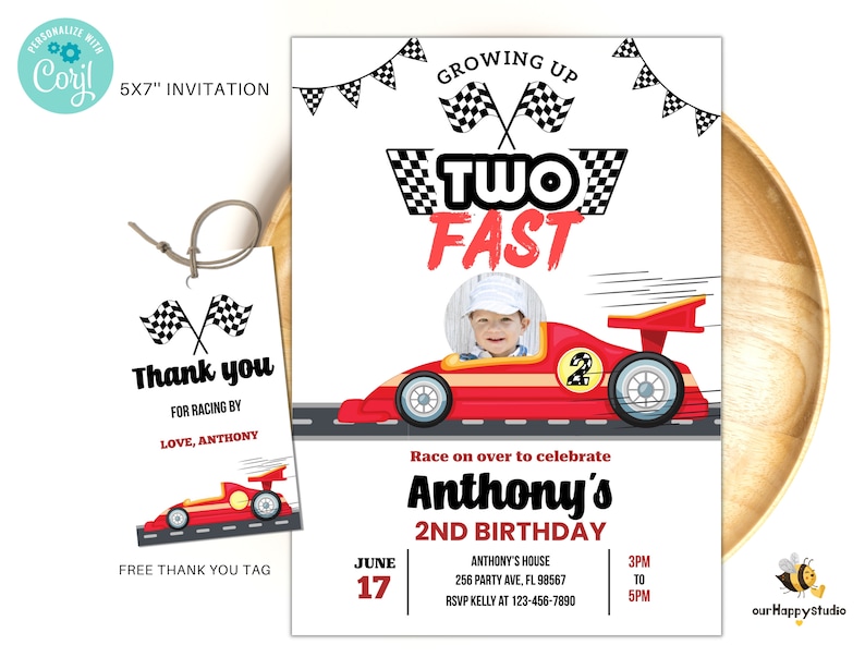 Editable Two fast invitation with photo Two fast boy car racing invites 2nd Birthday Party Invite Race Car Party instant download c01 image 1