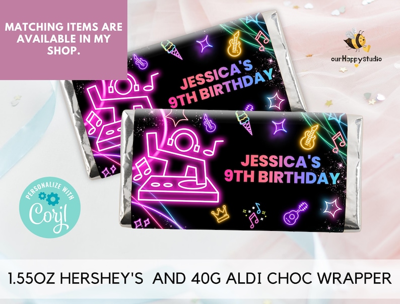 May include: Two chocolate bar wrappers with a neon design. The wrappers are black with pink, blue, and yellow neon accents. The text on the wrappers reads "Jessica's 9th Birthday".