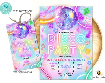 Editable DISCO Party Birthday Invitation, Tie dye party Gender Neutral Invites, Neon Disco Party Template, Glow Dance Party Invites DP04