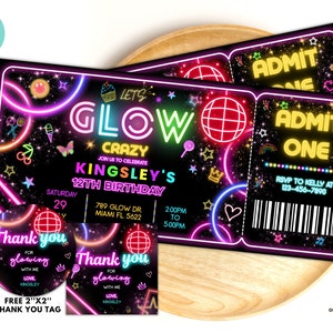 Bearbeitbare Glow Party Geburtstagseinladungskarte, Neon Gender Neutral Lädt ein, Tanzparty Vorlage, Neon Party lädt bearbeitbare Glow Party ein