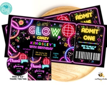 Bewerkbare Glow Party verjaardagsuitnodiging ticket, Neon genderneutrale uitnodigingen, dansfeestsjabloon, Neon Party nodigt bewerkbare Glow Party uit