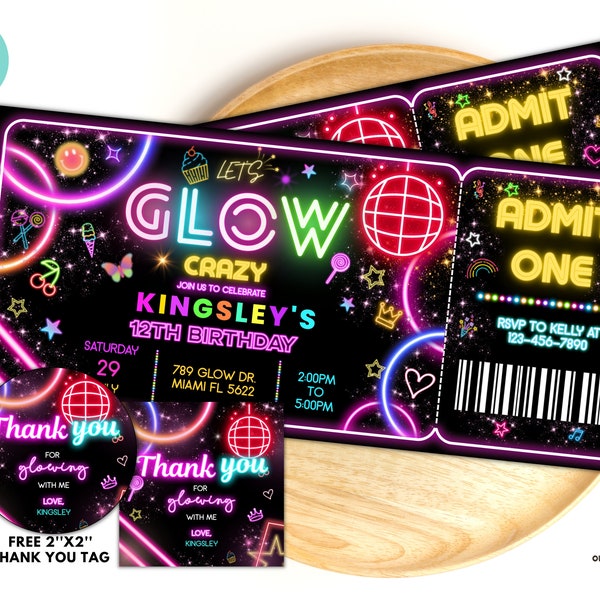 Editable Glow Party Birthday Invitation ticket, Neon Gender Neutral Invites, Dance Party Template, Neon Party Invites Editable Glow Party