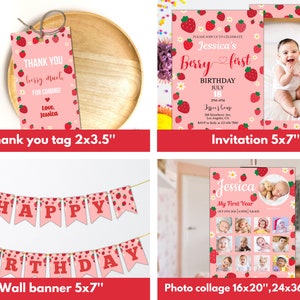 May include: A set of printable party decorations for a first birthday party with a strawberry theme. The set includes a thank you tag, invitation, wall banner, and photo collage. The colors are pink, red, and white.