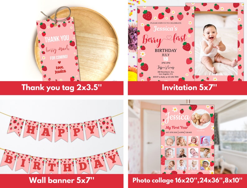 May include: A set of printable party decorations for a first birthday party with a strawberry theme. The set includes a thank you tag, invitation, wall banner, and photo collage. The colors are pink, red, and white.