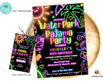 Glow Waterpark Pajama Birthday Invitation, Waterslide Pool Party (Digital Download)