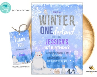 Editable Winter Onederland invitation First birthday invite Animal woodland forest All age party invitation 2nd 3rd winter birthday invite