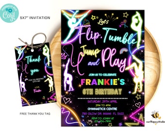 Editable Gymnastics Birthday Invitation, Jump tumble & play party invitation glow gymnastics birthday invite instant download GY01