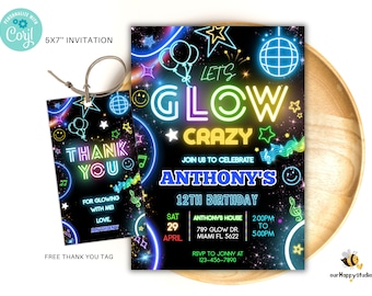 May include: A neon glow-in-the-dark birthday party invitation with a black background and colorful neon text that says "Let's Glow Crazy". The invitation is for Anthony's 12th birthday party and includes the date, time, and location of the party. A free thank you tag is included.