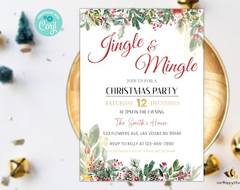 May include: A Christmas party invitation with a watercolor design of holly, pine branches, and berries. The text reads "Jingle & Mingle" and includes details about the party, including the date, time, location, and RSVP information.