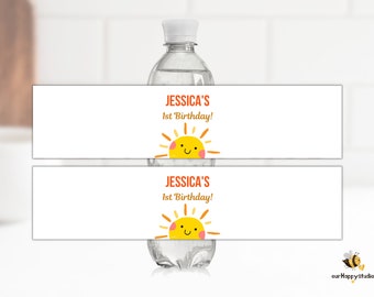 Etiqueta editable para botella de agua Sunshine, calcomanía para botella de agua First Trip Around the Sun, etiqueta para botella de agua Sunshine Party, descarga instantánea S01