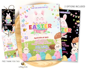 Editable Easter Egg Hunt Invitation, Bunny Invitation, Easter Invitation, Easter Egg Thank You Tag, Easter Egg Editable Template