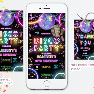 Editable Disco Party Birthday Electronic Invitation, Disco Gender Neutral Evites, Dance Party Template, Editable Neon Glow Party Invites