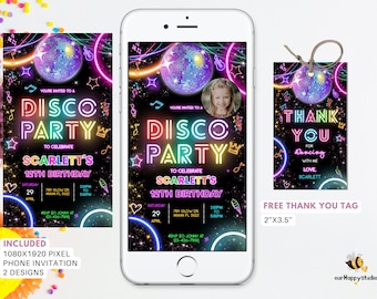 Editable Disco Party Birthday Electronic Invitation, Disco Gender Neutral Evites, Dance Party Template, Editable Neon Glow Party Invites