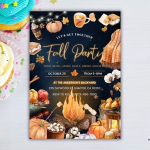 May include: A rectangular fall party invitation card on a dark blue background featuring illustrations of pumpkins, a campfire, s'mores, hot drinks, and a plaid blanket. The text reads: Let's Get Together Fall Party, October 25, 5-8PM, at the Anderson's Backyard.
