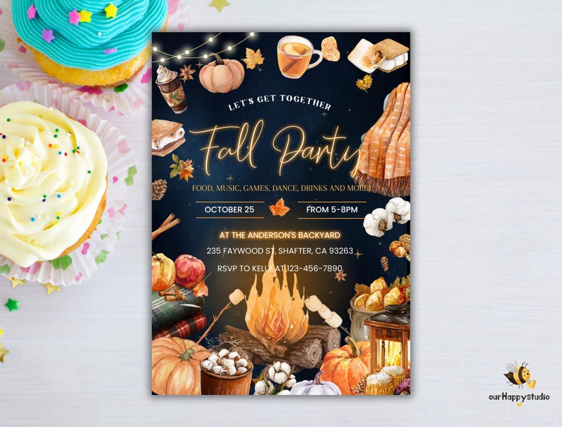 May include: A rectangular fall party invitation card on a dark blue background featuring illustrations of pumpkins, a campfire, s'mores, hot drinks, and a plaid blanket. The text reads: Let's Get Together Fall Party, October 25, 5-8PM, at the Anderson's Backyard.