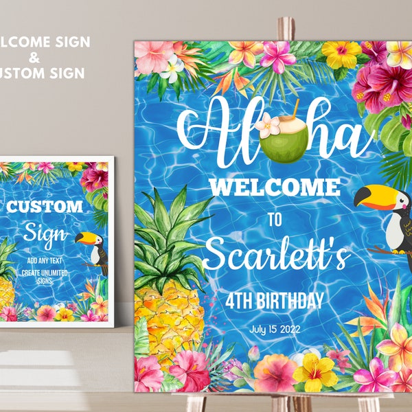 Editable Aloha Welcome Sign, hawaiian party custom sign, Tropical party Welcome banner, Aloha pool party banner, Summer welcome sign AP01