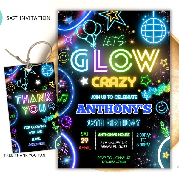 Editable Glow Party Birthday Invitation, Glow Gender Neutral Invites, Glow Party Template, Neon Party Invites Glow Party Template BG01