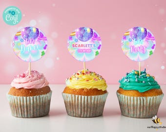 Editable dance party birthday Cupcake toppers, disco birthday decor,  tie dye party cupcake topper, dance party decor instant download