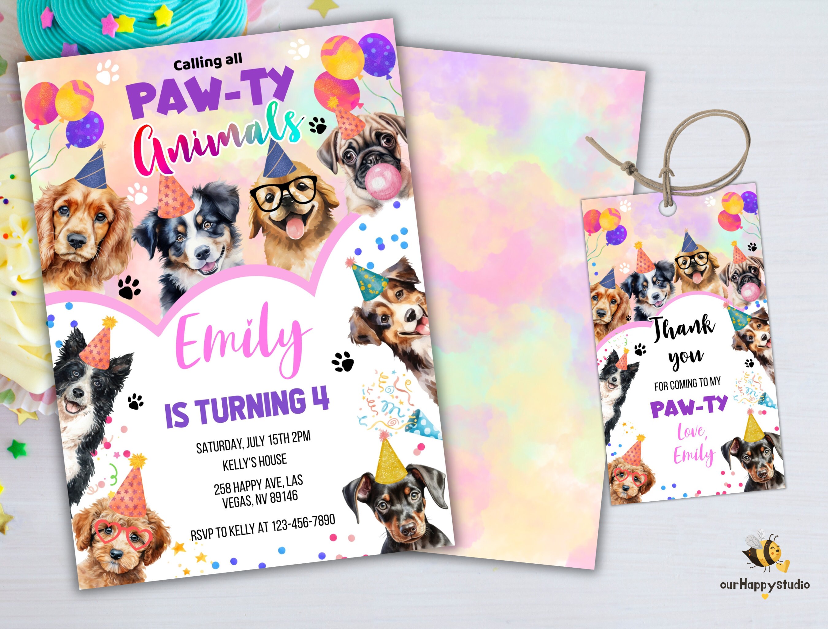 Editable Dogs Birthday Party Invitation Template Pawty Pets Animals ...