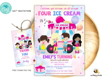 Editable Ice cream truck birthday party invitation four ice cream 4th birthday party invite Sweet birthday party template instant download
