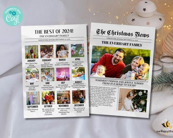 Editable Christmas Newsletter Template, Year in review Newspaper Christmas card template, Holiday photo what a year instant download 2