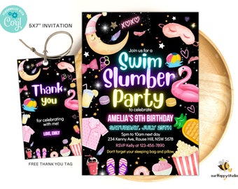 Könnte beinhalten: Eine schwarze und neongrüne Einladung zu einer "Schwimm-Schlafparty" zur Feier von Amelias 9. Geburtstag. Die Einladung zeigt einen Pool-Schwimmring, eine Schlafmaske und einen Donut. Der Text "Schließen Sie sich uns zu einer Schwimm-Schlafparty an, um Amelias 9. Geburtstag zu feiern" ist in Neongrün und -rosa geschrieben.