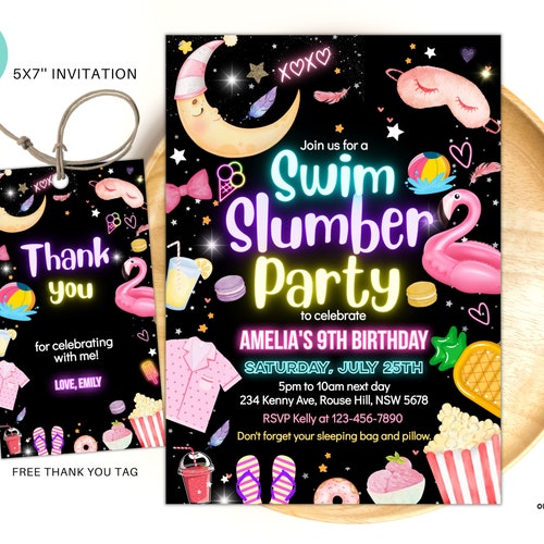 Swim Slumber Party Invitation, Pink Tween Birthday (Digital Download)