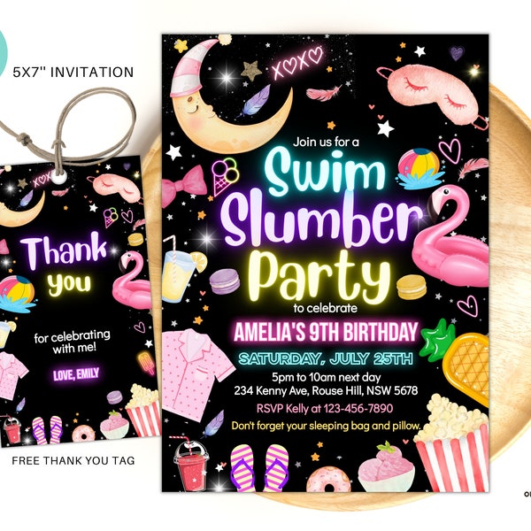 Editable Swim slumber birthday invite Slumber pool party birthday invitation Pink girl tween teen Pool party digital download template
