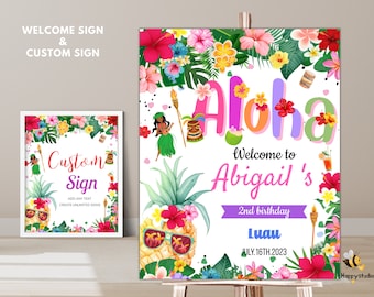 Peut inclure: Une pancarte de bienvenue pour une fête sur le thème du luau avec un ananas, des fleurs et le texte "Aloha Bienvenue à Abigail's 2nd birthday Luau JULY.16TH.2023"