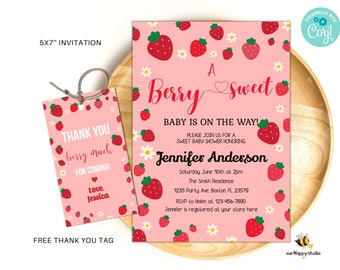 Editable Strawberry Baby Shower invitation, Berry Sweet baby shower fruit baby shower invite instant download