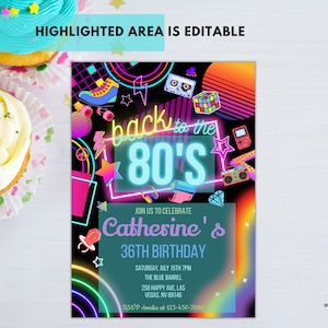 Editable 80s Birthday Party Invitation back to the 80s Neon party glow dance disco 2000s birthday 90s instant download BT03 image 3