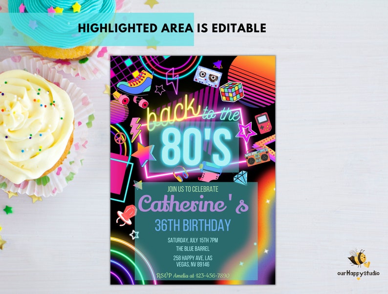 Invitation de fête d'anniversaire des années 80 modifiable vers les années 80 néon party glow dance disco des années 2000 anniversaire des années 90 téléchargement immédiat BT03 image 3