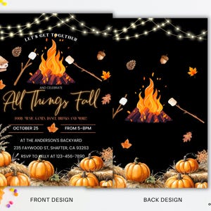 May include: Black invitation card with a fall theme. Features a bonfire, pumpkins, and the text "All Things Fall". Includes event details like date, time, and location. Front and back designs are shown.
