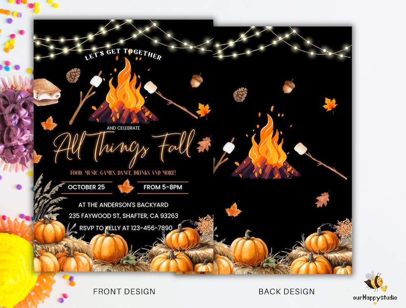 May include: Black invitation card with a fall theme. Features a bonfire, pumpkins, and the text "All Things Fall". Includes event details like date, time, and location. Front and back designs are shown.