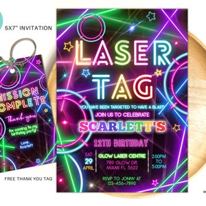 Bewerkbare lasergame uitnodiging voor feest Neon verjaardagsfeestje uitnodigen gloed lasergame verjaardag neutrale laser partij instant download LT01 afbeelding 1