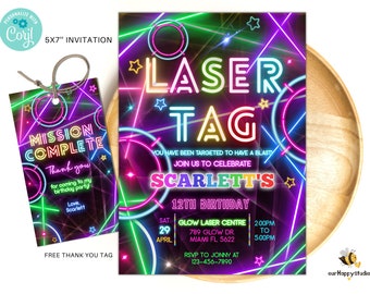 Bearbeitbare Laser Tag Party Einladung Neon Geburtstagsfeier einladen glow Laser Tag Geburtstag Neutral Laser Party Sofort Download LT01