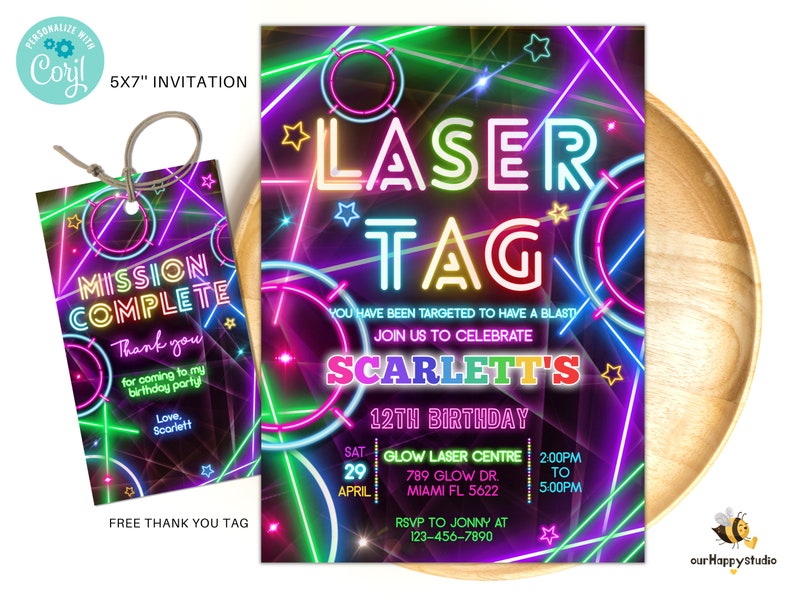 Bearbeitbare Laser Tag Party Einladung Neon Geburtstagsfeier einladen glow Laser Tag Geburtstag Neutral Laser Party Sofort Download LT01 Bild 1