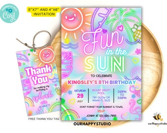 Editable Neon Pool Party Invitation, Tie Dye Birthday (Digital Download)