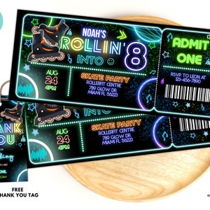 Bearbeitbare Rollschuhkunst Vorlage Glow Party Geburtstagskarte, Glow Gender Neutral Einladungen, Junge Roller Skating Party, Neon Party R07
